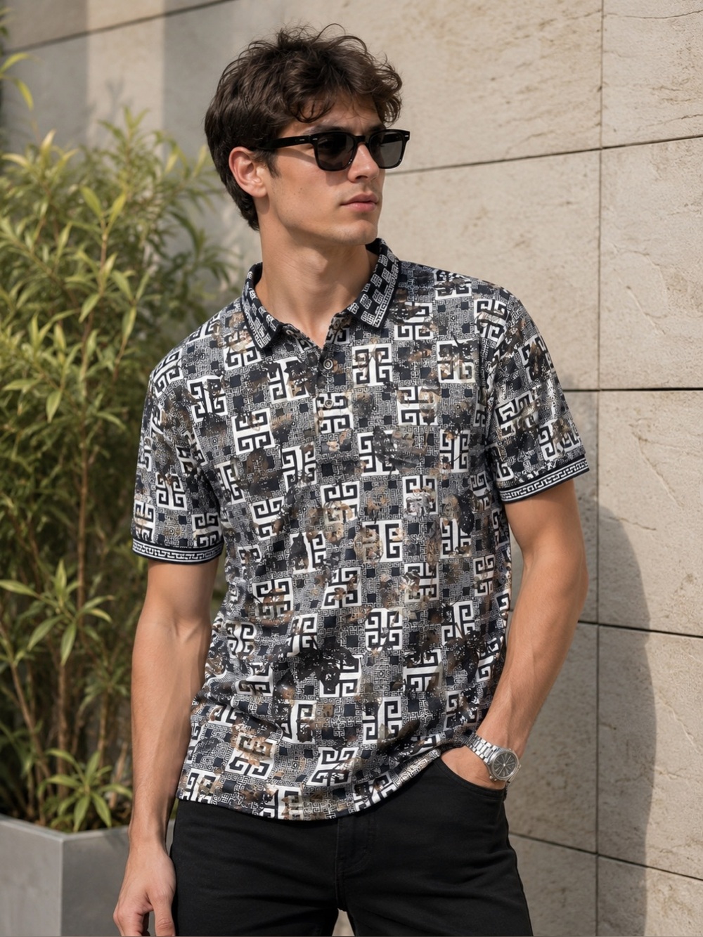 Men's Short-Sleeve Geo Print Polo in Black & Gray